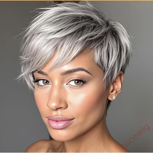 6 Inch Short Straight Pixie Cut Wig Silvery Grey 150% Density Brazilian Remy Hair