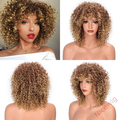 Blonde Curly Hair Wig With Bangs Glueless Wigs